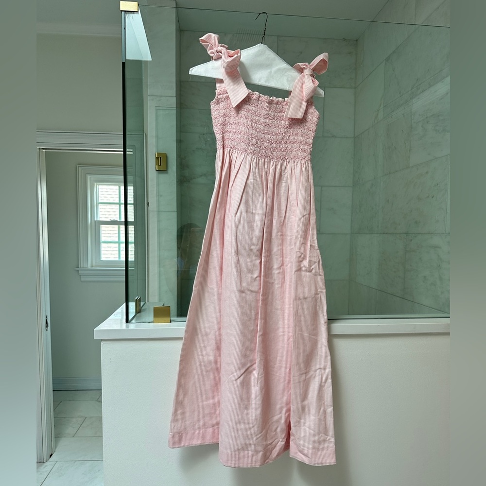 Linen tiny stripe tie at the shoulders smocked dress